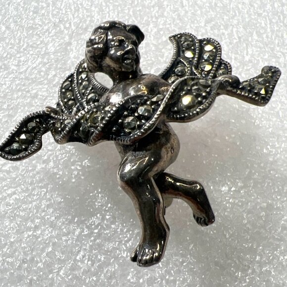 Vtg Judith Jack (signed J J) Sterling Silver Cherub Brooch Marcasite Accents - Picture 1 of 10